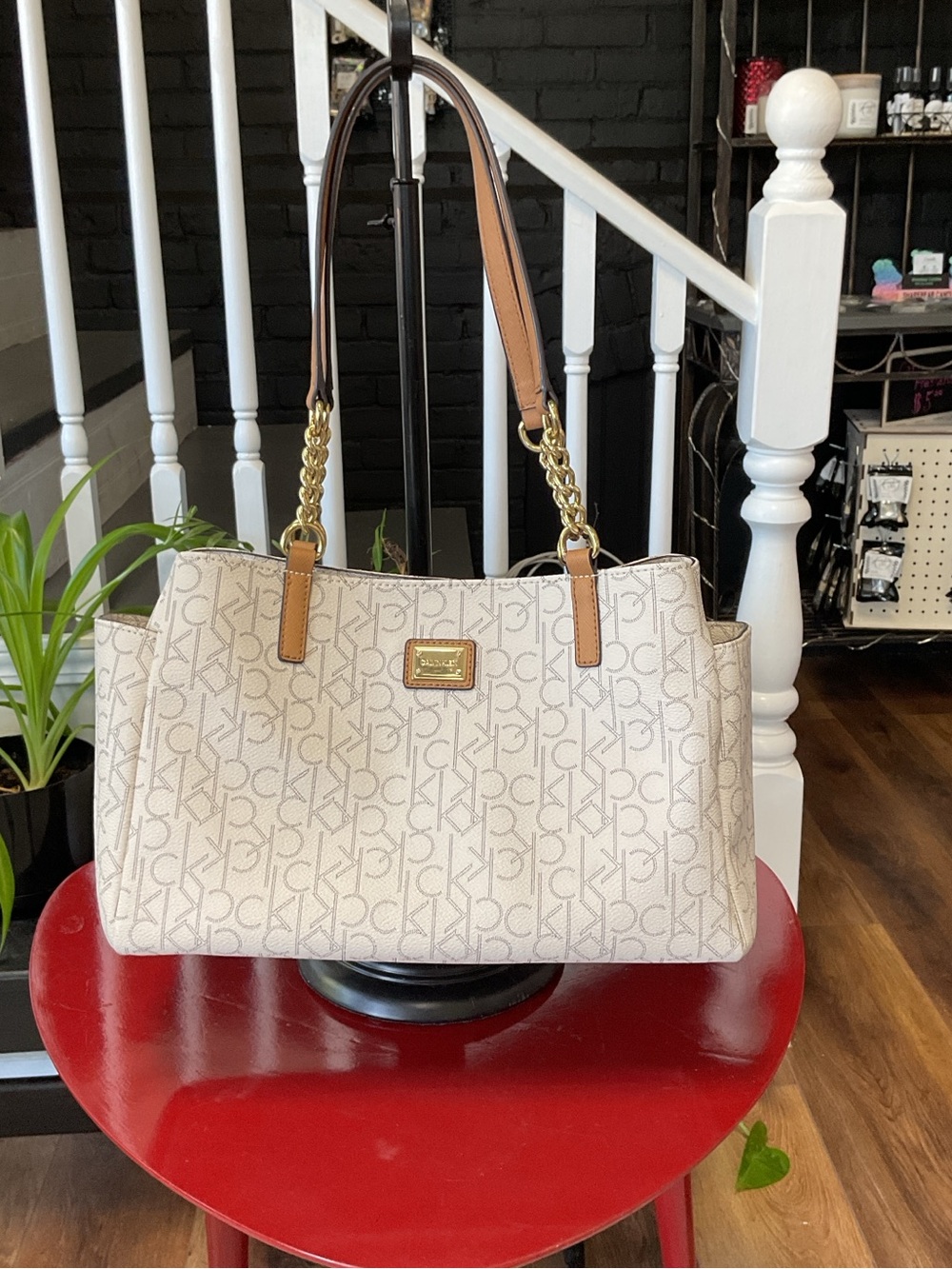 Calvin Klein Cream Logo Shoulder Tote with Tan Leather Straps